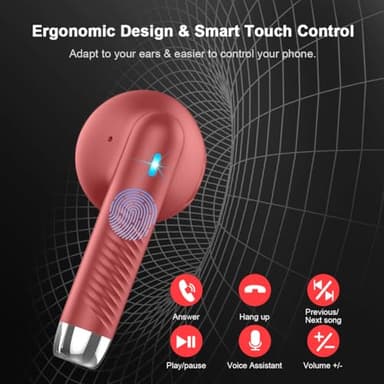 Wireless Earbuds, Bluetooth 5.4 Headphones in Ear with Noise Cancelling Mic, Bluetooth Earbuds Stereo Bass, IP7 Waterproof Sports Earphones, 32H Playtime USB C Charging Ear Buds Red for Android iOS - Image 6