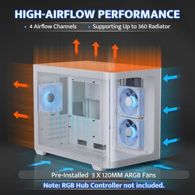 darkFlash Micro-ATX Gaming PC Case, MATX PC Case with 3 x 120mm ARGB Fans, Panoramic View Dual Tempered Curve Glass Computer Case, USB 3.0 Port, Supports Dual 360mm AIO, White(DPW90M) - Image 3