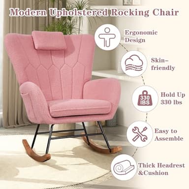 VECELO Rocking Chair Nursery with Thick Headrest, Modern Teddy Upholstered Reading Glider Rocker Accent Armchair with High Backrest, Padded Seat, Side Pocket, for LivingRoom, Bedroom, Baby Room, Pink - Image 4