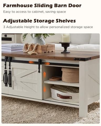 OKD 48" Farmhouse Lift Top Coffee Table with Sliding Barn Door,Rustic Center Table with Hidden Storage Compartment,Lifting Tabletop and Adjustable Shelf for Living Room,Office,Antique White - Image 5