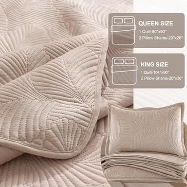DEVIONIX Velvet Quilt Queen Size, 3-Piece Lightweight Soft Summer Quilt Bedding Set, Breathable Light Taupe Bedspread with Pillow Shams, Luxury Ultrasonic Leaf Pattern Coverlet for All Season - Image 7