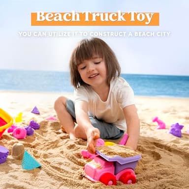 Sloosh Beach Sand Toys Set - Pink Dump Truck Car Toy with Sand Molds, Collapsible Buckets Mesh Bag Shovels Castle Ice Cream Mold for Ages Kids Toddlers Sandbox Toys Gifts Travel Vacation (Foods) - Image 2