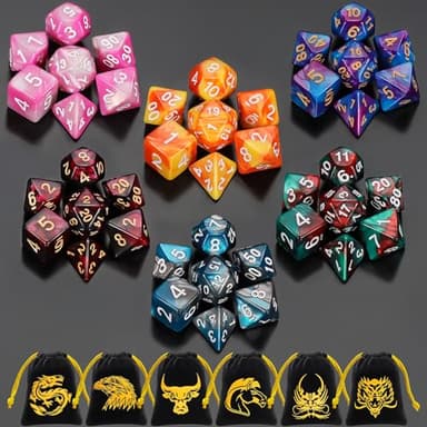 QMay DND Dice Sets - 6 X 7 Polyhedral Dice (42pcs) with 6 Drawstring Bags for Dungeons and Dragons, RPG, MTG,Role Playing Table Game - Image 1