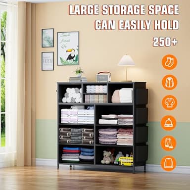 YaFiti Dresser for Bedroom with 10 Drawers, Chest of Drawers with Side Pockets, Hooks, Wooden Top and Sturdy Metal Frame, Fabric Dresser Drawers for Living Room, Hallway (Black Wood Veins) - Image 4