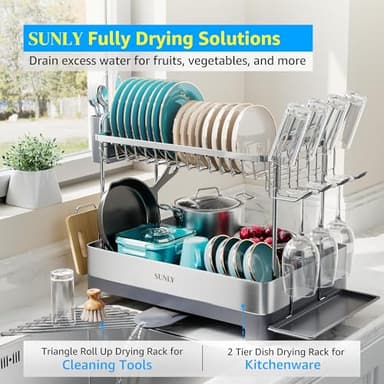 SUNLY Large Dish Drying Rack, Multipurpose 2 Tier Dish Racks for Kitchen Counter, 304 Stainless, Extra Large Drain Board - Image 2