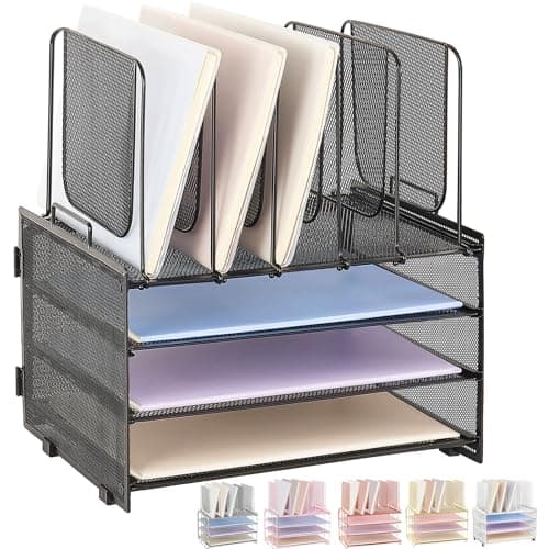 LEKETREE Desk Organizers and Accessories, 3-Tier Paper Organizer with 5 Vertical File Holders, File Folder Organizer (Black, 3T) - Image 1