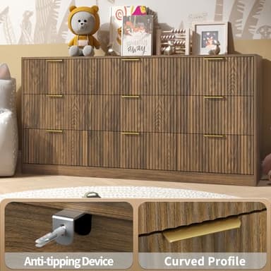 NOVAMAISON Dresser for Bedroom with 9 Drawer, 63” Wide Wooden Dresser Mid Century Chest of Drawers with Metal Handle, Dressers TV Stand Storage Organizer for Closet, Bedroom, Living Room, Walnut - Image 4