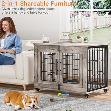 Lulive Dog Crate Furniture for Medium Dogs, 32'' Dog Kennel Indoor with Cushion & Wheels Wooden Dog Cage Double Doors Dog Crate End Table, Grey - Image 2