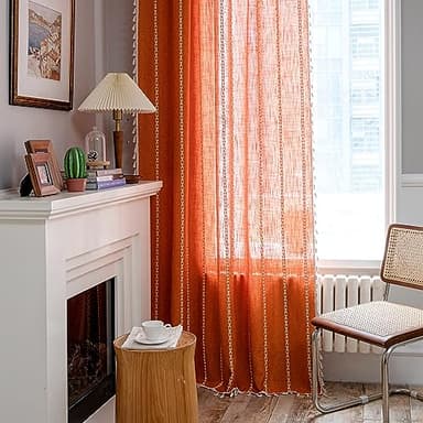 Sutuo Home Orange Boho Curtains for Bedroom Living Room,Terracotta Semi Blackout Linen Farmhouse Shabby Chic Tassels Window Treatment Bohemian Embroidery Drape, Rod Pocket 1 Panel 52" W x 96" L - Image 3
