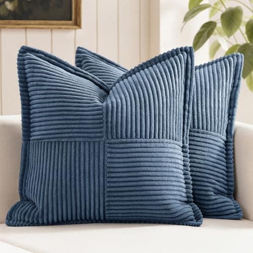 MIULEE Decorative Throw Pillow Covers for Couch Bed Livingroom 18x18 Inch Set of 2 Blue Boho Accent Throw Pllows Broadside Striped Patchwork Soft Corduroy Summer Coastal Pillowcases - Image 1