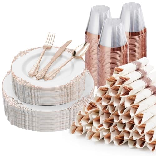 Bestluck 350PCS Rose Gold Plastic Plates for 50 Guests, Disposable Dinnerware Sets Include 100 Rose Gold Rim Plastic Plates, 50 Silverware and Cups, 50 Pre Rolled Napkins for Party, and Graduation - Image 1