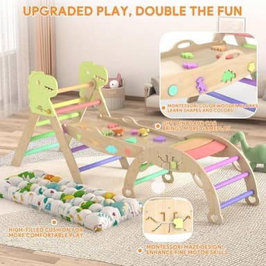 Pikler Triangle Set with Cushion 9 in 1 Climbing Toys for Toddlers 1-3 Indoor Baby Gym Toddler Montessori Toys Wooden Climbing with Maze, Shape Sorting, Dinosaur Car - Image 9