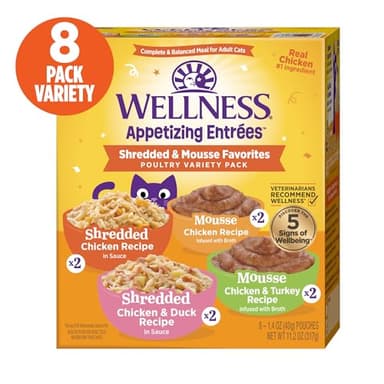 Wellness Appetizing Entrées Shredded & Mousse Adult Wet Cat Food, Natural, Protein-Rich, Grain Free, 1.4 Ounce Pouch, 8 Pack (Poultry Variety Pack) - Image 2
