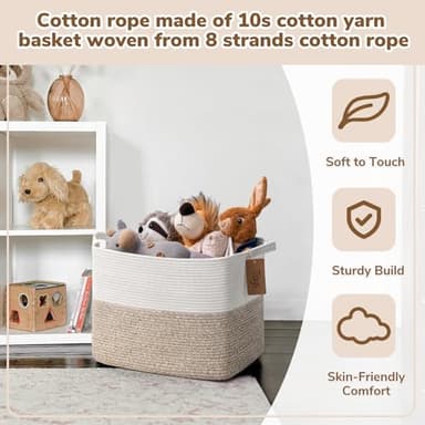 Goodpick Woven Storage Baskets for Organizing, Blanket Basket Living Room, Rope Baskets for Storage, Rectangle Toy Basket With Handles, Brown and White, 18 x 14 x 12 Inches - Image 5