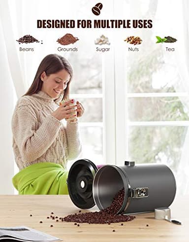HAIOOU Airtight Coffee Canister, 22OZ Large Stainless Steel Coffee Bean Storage Container with Date Tracker, Measuring Scoop, CO2 Releasing Valves and Mini Tongs for Beans, Grounds and more - Gray - Image 6