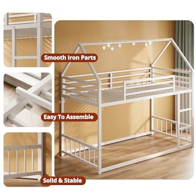 LIKIMIO Bunk Bed Twin Over Twin, House Bunk Bed Frame with Ladder and Guardrail, House Shaped with Metal Slats for Dormitory and Bedroom, Space Saving, No Box Spring Needed, White - Image 5