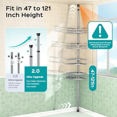 HAMITOR Corner Shower Caddy Tension Pole: Rustproof 4-Tier Bathroom Organizer Shelves for Bathtub Shampoo Storage - 47-121 Inch Quick Install Adjustable Rod Standing Rack with Soap Rack - Silver Gray - Image 4