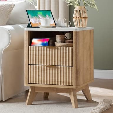 T4TREAM Fluted Nightstand with Charging Station, 18" Modern Side Table with Faux Marble Top, 2 Drawers End Table w/Storage, Bedside Table for Bedroom, Living Room, Curved Profile Design, Natural Oak - Image 1