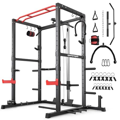 Sportsroyals Power Rack, Multi-Functional Power Cage with LAT Pulldown Pulley System, Squat Rack with More Training Attachments for Home Gym (Red)，1200 lbs Weight Capacity - Image 1