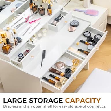 COMHOMA Makeup Vanity Desk with Mirror and Lights, Vanity Table and Chair Set with 5 Drawers and Charging Station, Bedroom Dresser LED Mirror Stepless Dimmable & 3 Color Modes Adjustable, Pure White - Image 4