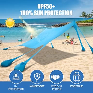 Beach Tent Sun Shelter, Beach Shade Canopy UPF50+, 10x10ft Canopy Tent with 8 Sandbags, Sand Shovels, Ground Pegs & Stability Poles, Pop Up Shade Tents for Beach, Camping, Fishing - Image 2