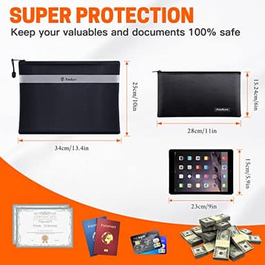 Andyer Fireproof Document Bag with Money Bag - 2 Pack 13.4" x 10" and 11" x 6" Waterproof Fireproof Money Bag for Cash, Small Fireproof Safe Pouch, Fire Proof Bag for Documents/Valuables with Zipper - Image 3