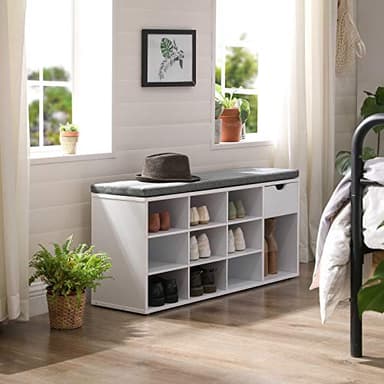 VASAGLE Storage Bench, Entryway Bench with Cushion, Drawer and Open Compartments, Bench with Storage, for Living Room, Bedroom, Closet, White and Gray ULHS24WT - Image 4