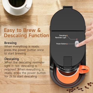 Horavie Small Single Serve Coffee Maker, Fast Brew One Cup Coffee Machine for K Cup and Grounds, 6 to 12 oz. Brew Sizes, Capsule Coffee Machine with Descaling Reminder and Viewing Tank, Black - Image 5