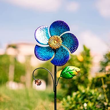 Viveta Wind Spinner with Metal Stake, 28.7 inches Outdoor Garden Pinwheels Spinners Blue Flower Shape Design for Yard Lawn Patio Decor - Image 4