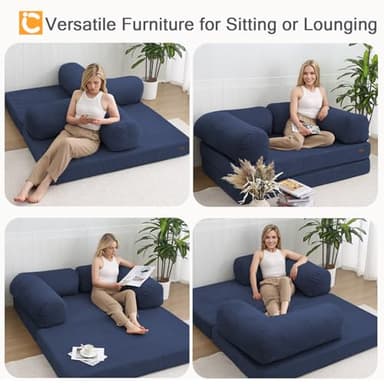 COMAX Futon Sofa Bed, 4-in-1 Floor Foldable Sofa Couch Bed Queen with L-Shaped Armrests, Convertible Folding Chair Bed Sleeper Mattress Fold Out Comfy Lounge for Living Room Bedroom, Dark Navy Blue - Image 5