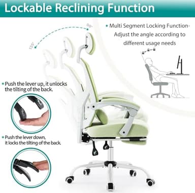 DUMOS Office Desk Chair with Footrest Ergonomic Gaming Chair for Adults Computer Mesh, Lumbar Support,Swivel Reclining with Headrest, Comfy Armrest for Home, Office, Work, Study, Light Green - Image 4