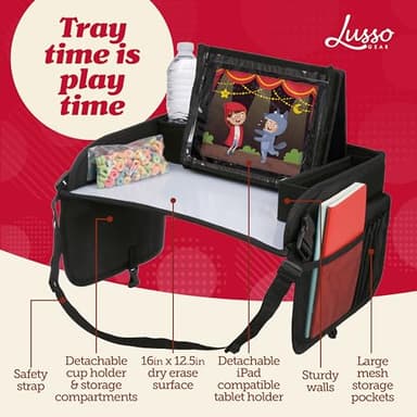 Lusso Gear Car Seat Tray - 1-Pack Black - 600D Oxford Lap Desk Organizer & Tablet Stand with Dry-Erase Surface, Snack & Cup Holder - Kids Travel Tray for Car Seat - Image 2