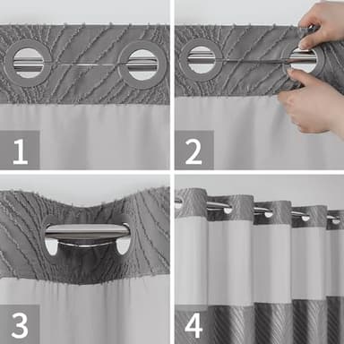 eachope no Hook Shower Curtain and Liner Set，Boho Style with See Through Top Window, Black Fabric Tufted Striped Textured Outer Curtain & Waterproof Inner Liner, Grey/Gray, 71Wx80H - Image 5