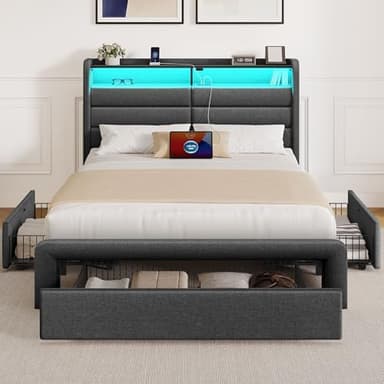 Seventable Twin Size Bed Frame with 3 Storage Drawers & Charging Station, Upholstered Platform Bed with Storage Headboard and LED Light, No Box Spring Needed, Noise Free, Easy Assembly, Dark Grey - Image 3
