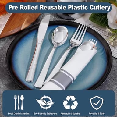 Joyido 200Guests Pre Rolled Silver Plastic Silverware Sets - Heavy Duty Silver Cutlery - Include 200 Pack Wrapped Disposable Utensils with Napkins for Parties & Dinners & Weddings - Image 5