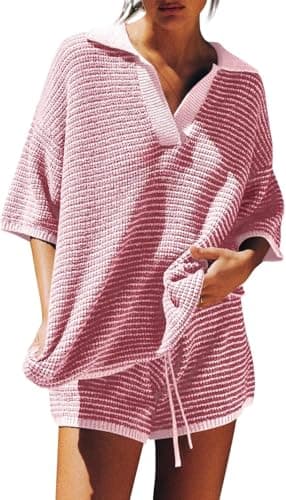 Tankaneo Womens Sweater Set 2 Piece Outfits Oversized 3/4 Sleeve V Neck Knit Tops High Waisted Shorts Lounge Sets - Image 1