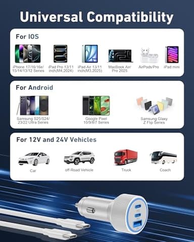 67W for iPhone 17 Air 17 Pro Max Car Charger Fast Charging, 67W 3-Port USB C Car Charger Adapter Cigarette Lighter with 3FT USB-C Cable for iPhone 17/17 Pro/Air/16/15/16 Pro Max/Plus, iPad Pro/Air - Image 6