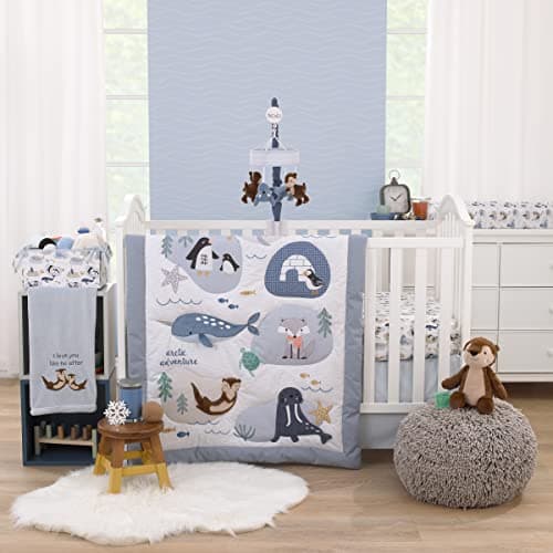 NoJo Arctic Adventure Light Blue, White, Taupe and Navy Whales, Walrus, and Otter 4 Piece Nursery Crib Bedding Set - Comforter, 100% Cotton Fitted Crib Sheet, Crib Skirt, and Storage Caddy - Image 1