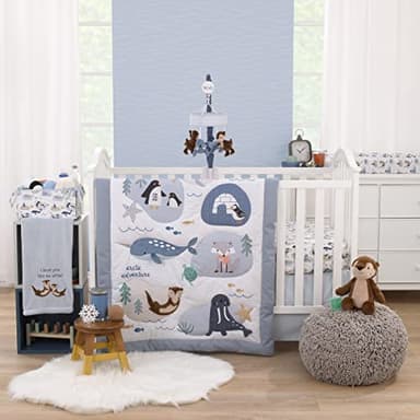 NoJo Arctic Adventure Light Blue, White, Taupe and Navy Whales, Walrus, and Otter 4 Piece Nursery Crib Bedding Set - Comforter, 100% Cotton Fitted Crib Sheet, Crib Skirt, and Storage Caddy - Image 1