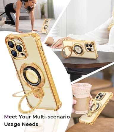 CHICLADY for iPhone 15 Pro Case with Integrated Lens Protection, [Foldable Stand & Ring Holder] [Compatible with Magsafe], Glossy Shockproof Bumper Stylish Women Case for iPhone 15 Pro, Gold - Image 4