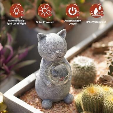 Solar Cat Statue Garden Decor - Cat Lover Gifts, with Gazing Solar LED Lights Ball Cats Decoration for Garden Yard Patio Lawn Balcony - Gifts for Mom Grandma (Gray - Image 6