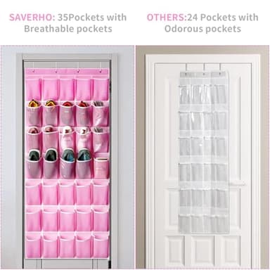 SAVERHO 35 Pockets Over the Door Shoe Organizer, Hanging Shoe Organizer for Door with 35 Mesh Pockets Large Capacity Shoe Hanging Storage Bag with 4 Metal Hooks (Pink-1Pack) - Image 6