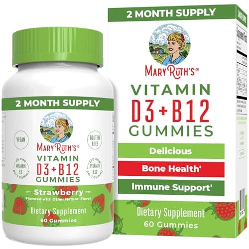 MaryRuth Organics Vegan Vitamin D3 + Vitamin B12 Gummies | 2 Month Supply | Supports Bone Health | Immune Support Supplement | Energy Supplements | Methyl B12 Vegan Non-GMO Gluten Free | 60 Servings - Image 1