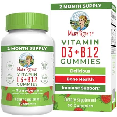 MaryRuth Organics Vegan Vitamin D3 + Vitamin B12 Gummies | 2 Month Supply | Supports Bone Health | Immune Support Supplement | Energy Supplements | Methyl B12 Vegan Non-GMO Gluten Free | 60 Servings - Image 1
