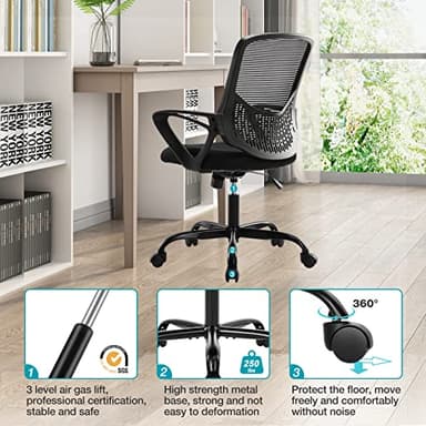 Desk Computer Chair with Wheels Ergonomic Home Office Chair with Lumbar Support and Fixed Armrests, Mid Back Mesh Chair Rolling Swivel Chair，Black - Image 6