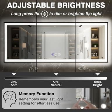 Megatex 60x36 Lighted Mirrors for Bathroom Wall, Modern Rectangle Matte Black Mirror, Tempered Glass，Double Lights, 3 Colors Dimmable Temperature, IP54 Enhanced Anti-Fog, Memory (Horizontal/Vertical) - Image 5