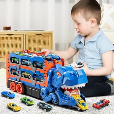 PEADUCK Toddler Toys Car Track Set for 3 4 5 6 Years Old Boys, Dinosaur Transporter Car Race Track with 12 Die-Cast Car Toys, Truck Toys Set Gifts for Age 3-12 Years Old Kids Boys Girls - Image 2