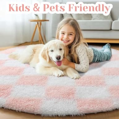 KICMOR Pink Round Rug 4ft for Girls Bedroom, Fluffy Soft Circle Area Rug Cute Small Living Room Carpet, Indoor Fuzzy Shag Shaggy Checkered Circular Rugs for Kids Room Nursery Home Decor Aesthetic - Image 5