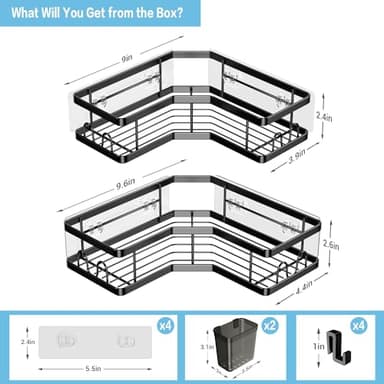 AKTECKE Corner Shower Caddy, 2 Pack Adhesive Shower Corner Organizer Shelves, No Drilling Stainless Steel Shower Storage Rack with Hooks&Toothpaste Holder for Bathroom, Dorm and Kitchen - Image 6