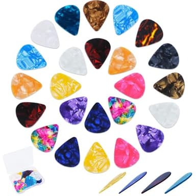 24 PCS Guitar Pick Storage Box 4 Thickness (0.46mm, 0.71mm, 0.96mm, 1.2mm) Celluloid Picks Christmas Birthday Children's Day Music Gifts Bass Electric Guitar Acoustic Guitar Ukulele (Color Random) - Image 1